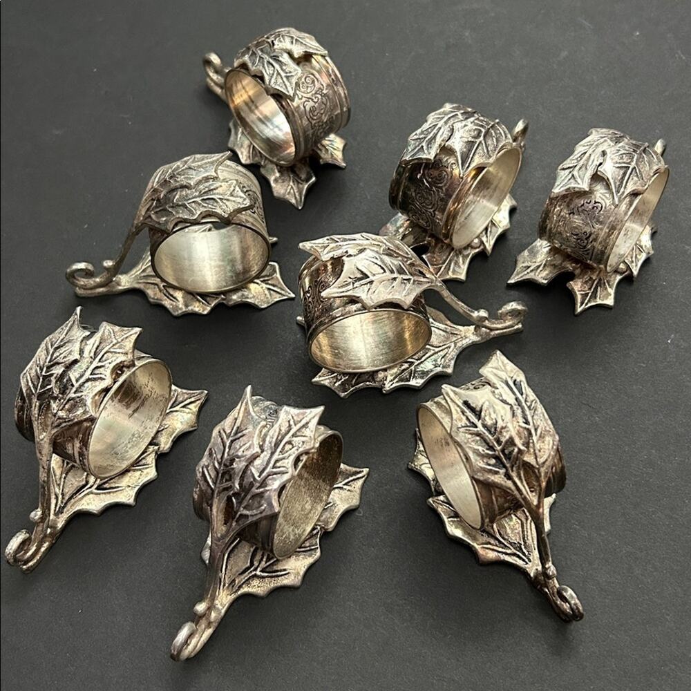 Vintage Antiqued Silver Tone Holly Leaf Napkin Rings with Etching, Set of 8